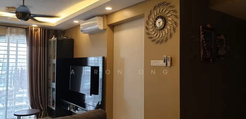 Living features: 3-seater fabric sofa in grey, wall-mounted TV, TV console, decorative wall clock, 1 wall-mounted split AC, floor-to-ceiling windows with sheer curtains, light brown painted walls, recessed downlights, decorative wall art, area rug with geometric pattern; style: modern.