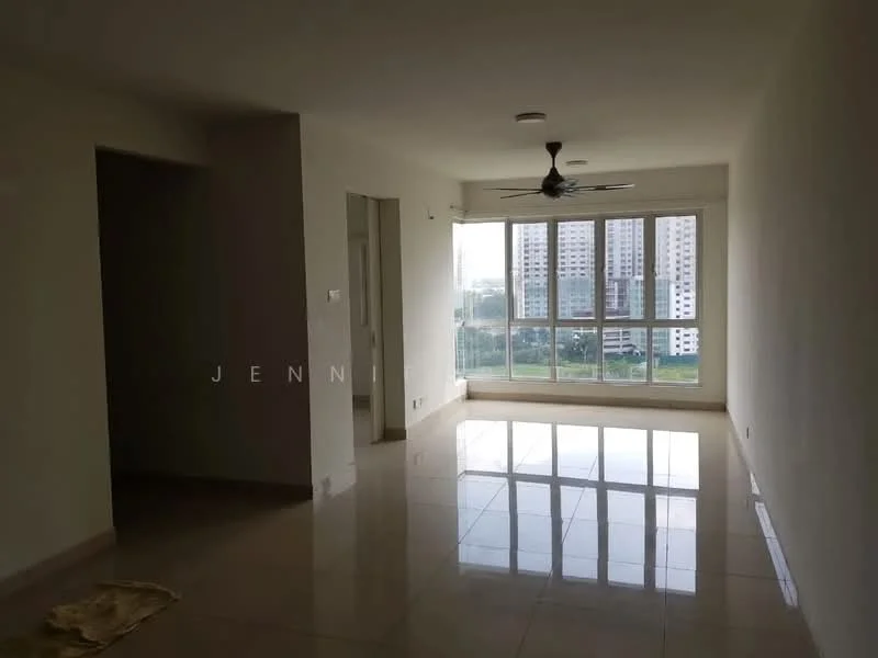 Living features: white painted walls, polished ceramic tile flooring, 5-blade ceiling fan with light, floor-to-ceiling windows, city view, natural light, neutral color scheme, open layout; style: modern; view: city. Room features: white painted walls, polished ceramic tile flooring.