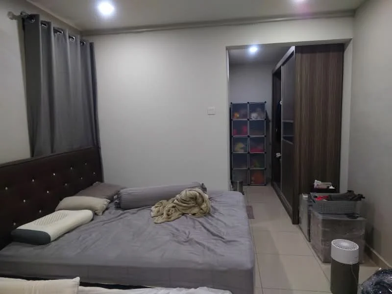 Bedroom features: queen-size bed with upholstered headboard, grey bedding, light grey walls, tile flooring, floor-to-ceiling curtains, built-in wardrobe with sliding doors, open shelving unit, decorative storage boxes, small fan, neutral color palette; style: modern.