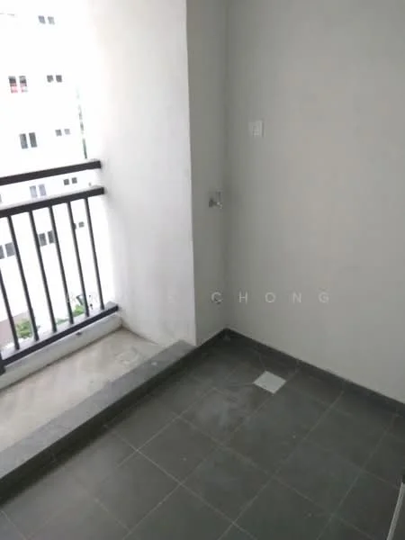 Room features: grey tiled flooring, white painted walls, balcony with railing, sliding glass door opening to balcony, outdoor view, floor-to-ceiling windows, light switch on wall.