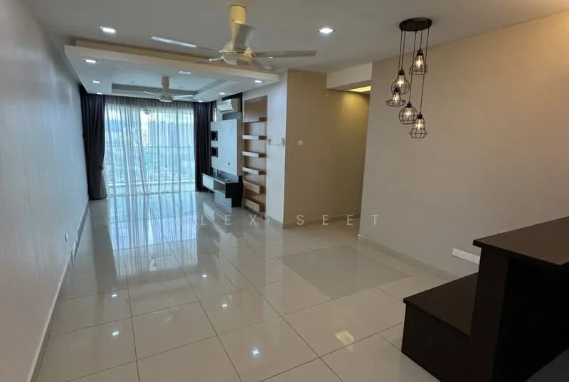 Living features: white painted walls, glossy ceramic tile flooring, 5-blade ceiling fan with light, recessed LED downlights, floor-to-ceiling windows, curtains, built-in shelving unit, TV console, open layout, neutral color scheme; style: modern; view: city.