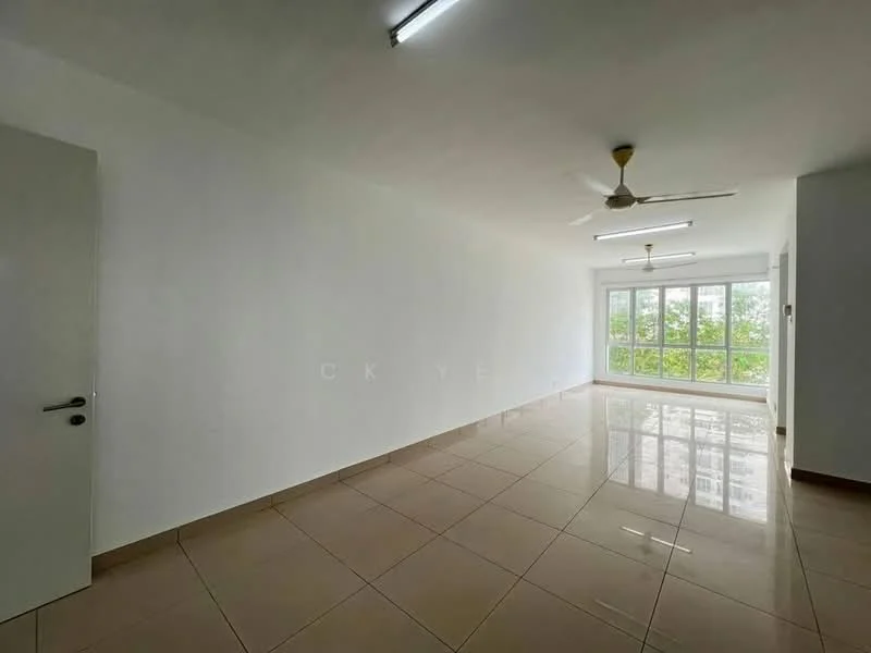 Living features: white painted walls, glossy beige tile flooring, 2 ceiling fans, large floor-to-ceiling windows, natural light, view of greenery, neutral color scheme, open layout; style: modern; view: garden.