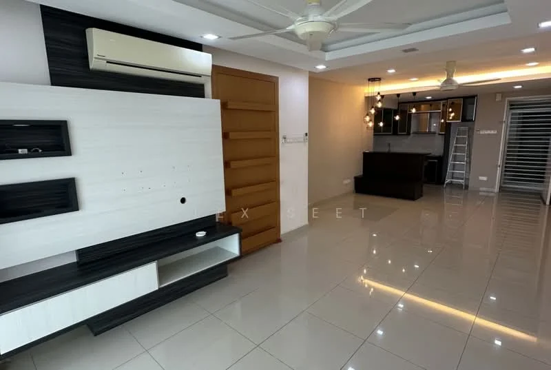 Living features: glossy tile flooring, white painted walls, ceiling with recessed lighting, 5-blade ceiling fan with light, wall-mounted TV unit, built-in shelving, air conditioning unit, wooden door, open layout to kitchen, neutral color palette; style: modern.