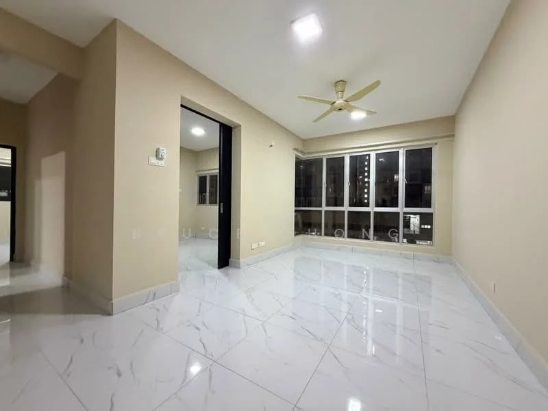 Living features: white painted walls, marble tile flooring, 5-blade ceiling fan with light, floor-to-ceiling windows, city view, recessed downlights, sliding glass door, neutral color scheme; style: modern; view: city. Room features: white painted walls, marble tile flooring, neutral color scheme.