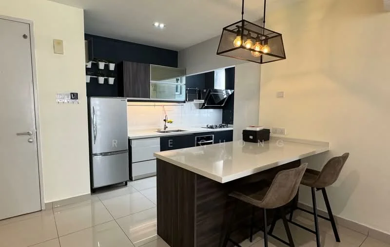 Kitchen features: white quartz countertop, stainless-steel sink, chrome pull-down faucet, built-in oven, 4-burner gas hob, stainless-steel range hood, white cabinetry with flat-panel design, refrigerator, pendant lighting, tile backsplash, ceramic tile flooring, open shelving, bar seating with two stools; style: modern.