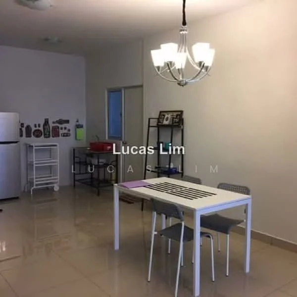 Dining features: white dining table with slatted top, 4 grey plastic dining chairs, chandelier with multiple bulbs, cream painted walls, glossy tile flooring, refrigerator, open doorway, decorative wall art, side table with storage; style: modern.