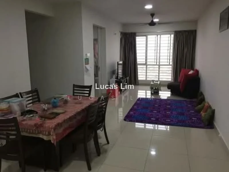 Living features: 3-seater red fabric sofa, area rug with geometric pattern, wall-mounted TV, TV console, ceiling fan, floor-to-ceiling windows with sheer curtains, light-colored walls, polished tile flooring, decorative wall art; style: modern. Dining features: 6-seater dining table, wooden dining chairs, tablecloth with colorful pattern, ceramic plates and utensils on the table, light-colored walls, polished tile flooring; style: modern.