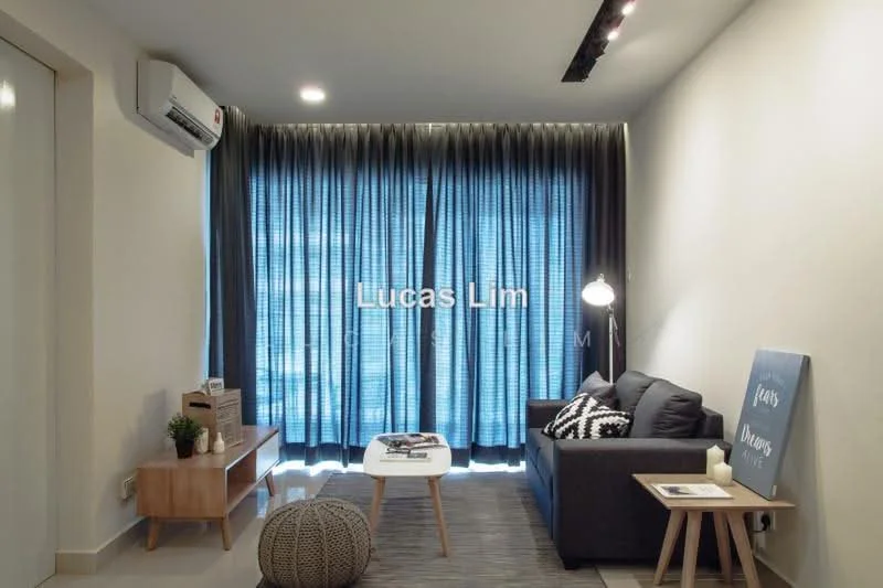 Living features: grey fabric sofa, white coffee table, floor-to-ceiling windows, sheer curtains, dark grey curtains, wall-mounted air conditioning unit, decorative throw pillows, area rug, wall art, light fixtures with recessed lighting; style: modern; view: city.