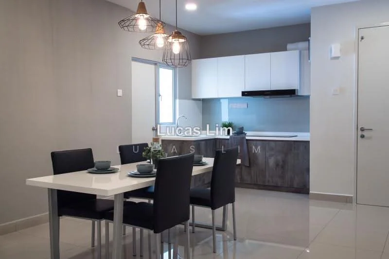 Dining features: 4-seater dining table, black upholstered dining chairs, pendant lighting with multiple bulbs, white walls, grey accent wall, glossy tile flooring, kitchen cabinetry in white and wood finish, built-in kitchen hood, countertop with backsplash, floor-to-ceiling window, door leading to outside, recessed ceiling lights; style: modern.