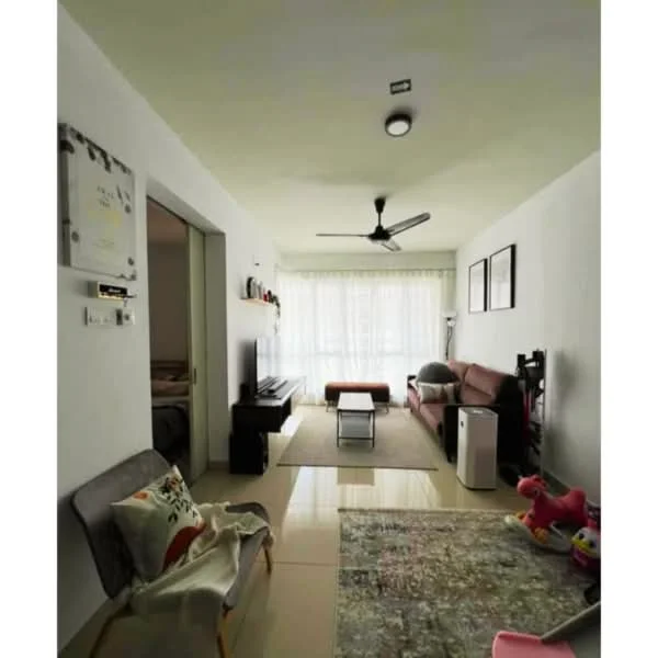Living features: light grey painted walls, white ceiling, 5-blade ceiling fan with light, floor-to-ceiling windows with sheer curtains, cream-colored sofa, wooden coffee table, TV console, wall-mounted TV, area rug with geometric pattern, decorative wall art, small white air conditioning unit, children's toys on the floor; style: modern.
