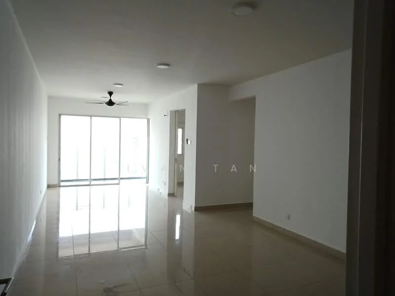 Living features: white painted walls, polished ceramic tile flooring, 5-blade ceiling fan, floor-to-ceiling sliding glass door, natural light from sliding door, recessed ceiling lights; style: modern; view: city.