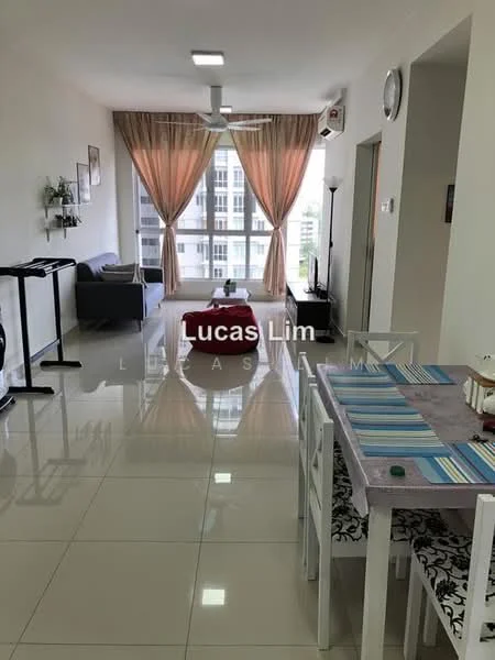 Living features: grey fabric sofa, red coffee table, white dining table with blue placemats, 4 white dining chairs, floor-to-ceiling windows, sheer curtains, wall-mounted air conditioning unit, polished ceramic tile flooring, decorative wall art, light fixture on ceiling; style: modern; view: city.