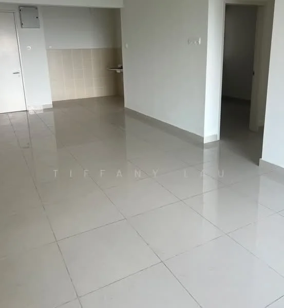 Room features: white painted walls, glossy ceramic tile flooring, neutral color scheme, open layout, doorway leading to another room, kitchenette area with tiled backsplash, large windows for natural light; style: modern.