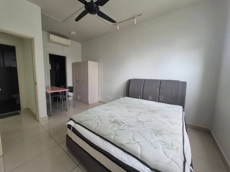 Bedroom features: queen-size bed, upholstered headboard, ceiling fan, wall-mounted air conditioning unit, tile flooring, light grey painted walls, built-in wardrobe, small dining table with chairs; style: modern. Room features: doorway leading to bathroom, light grey painted walls, tile flooring.