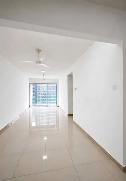Room features: white painted walls, glossy beige tile flooring, 5-blade ceiling fan, floor-to-ceiling windows, sliding glass door, natural light from windows, open layout, neutral color scheme; style: modern; view: city.