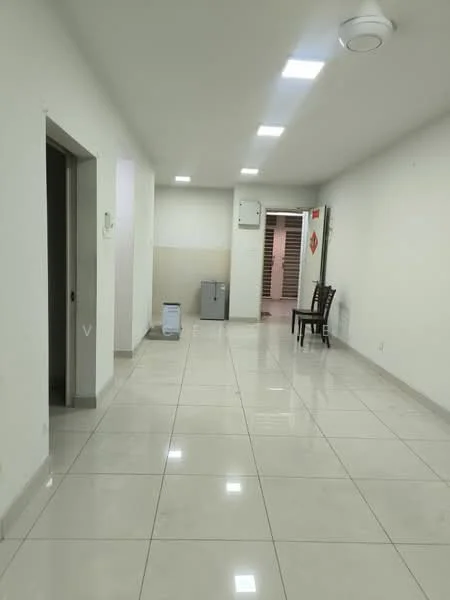 Room features: white painted walls, glossy ceramic tile flooring, recessed LED downlights, 1 wall-mounted split AC, single wooden chair, doorway leading to another room, small refrigerator, wall-mounted electrical panel; style: modern.