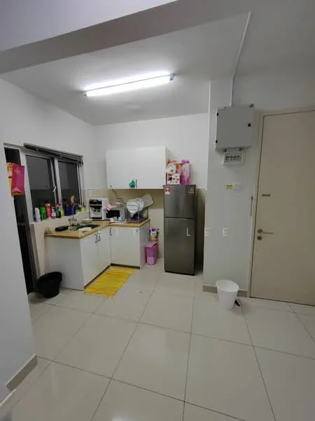 Kitchen features: white cabinetry, stainless-steel fridge, ceramic tile flooring, white walls, countertop with sink, window above sink, kitchen utensils on countertop, yellow mat on floor, wall-mounted electrical panel, door leading to hallway; style: modern.