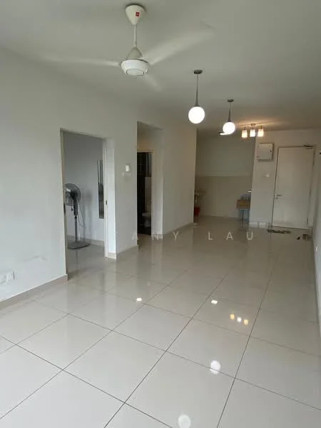 Living features: white painted walls, glossy ceramic tile flooring, 5-blade ceiling fan with light, 3 pendant lights, doorway leading to other rooms, large open space, floor-to-ceiling windows, air conditioning unit; style: modern.