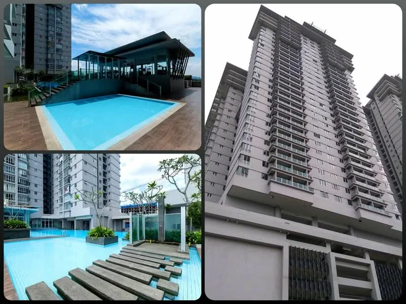 Exterior type: high-rise condominium; features: infinity pool, pool deck with loungers, outdoor dining pavilion, landscaped garden, glass facade, balconies on upper floors, staircase leading to pool area, modern architectural design; style: modern.