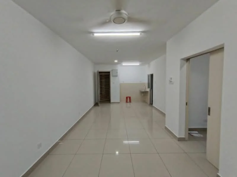 Room features: white painted walls, glossy ceramic tile flooring, recessed ceiling lights, ceiling fan, open layout, staircase visible in background, kitchen area visible, single door leading to another room; style: modern.