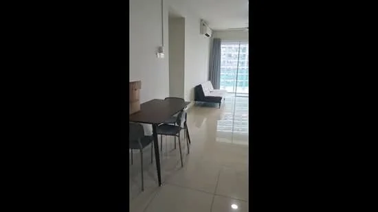 Living features: white painted walls, glossy tile flooring, floor-to-ceiling windows, sliding glass door, curtains, 1 wall-mounted split AC, sofa, dining table with chairs; style: modern; view: city.