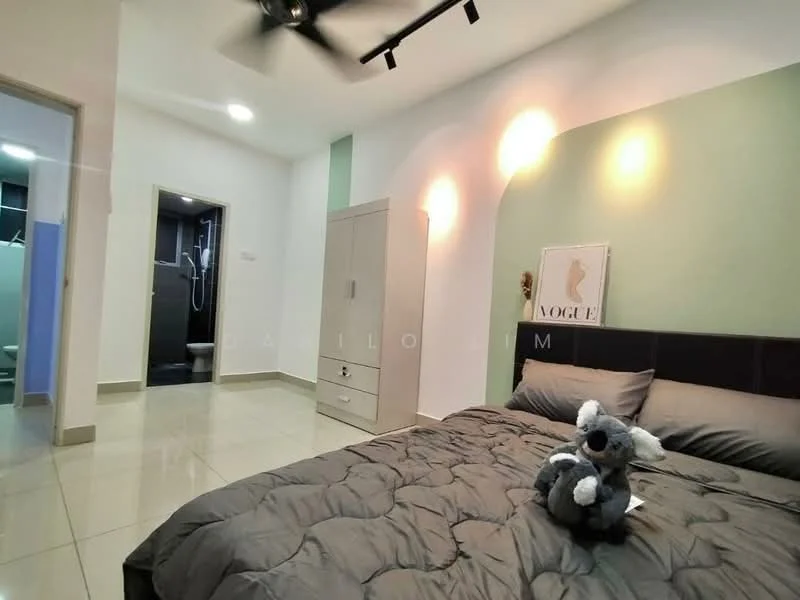 Bedroom features: king-size bed, upholstered headboard, grey bedding, decorative stuffed animal, nightstand with drawers, wall-mounted artwork, green accent wall, white painted walls, ceiling fan, tile flooring, built-in wardrobe, recessed lighting; style: modern. Room features: bathroom door, open doorway to another room, grey tile flooring.