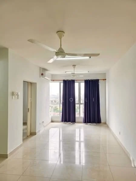 Living features: white painted walls, glossy marble tile flooring, 5-blade ceiling fan with light, floor-to-ceiling windows, purple curtains, natural light, neutral color scheme, open layout; style: modern; view: city.