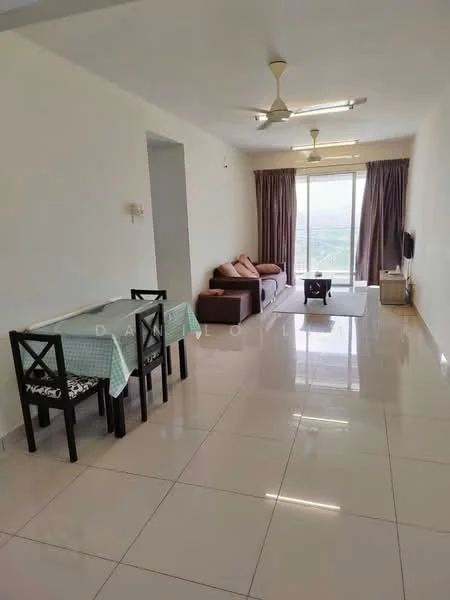 Living features: 3-seater fabric sofa in brown, 2-blade ceiling fan, wall-mounted TV, coffee table, area rug, floor-to-ceiling windows, sliding glass door, curtains, glossy tile flooring, light-colored painted walls, dining table with 4 chairs, decorative wall art; style: modern; view: city.