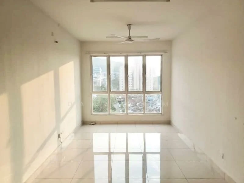 Living features: white painted walls, glossy ceramic tile flooring, 5-blade ceiling fan, floor-to-ceiling windows, city view, natural light from windows, neutral color scheme, no visible furniture; style: minimalist; view: city.