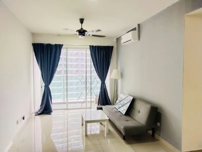 Living features: grey fabric sofa, white coffee table, floor-to-ceiling windows, blue curtains, white painted walls, polished tile flooring, 1 wall-mounted split AC, ceiling fan with light, decorative lamp; style: modern; view: city.