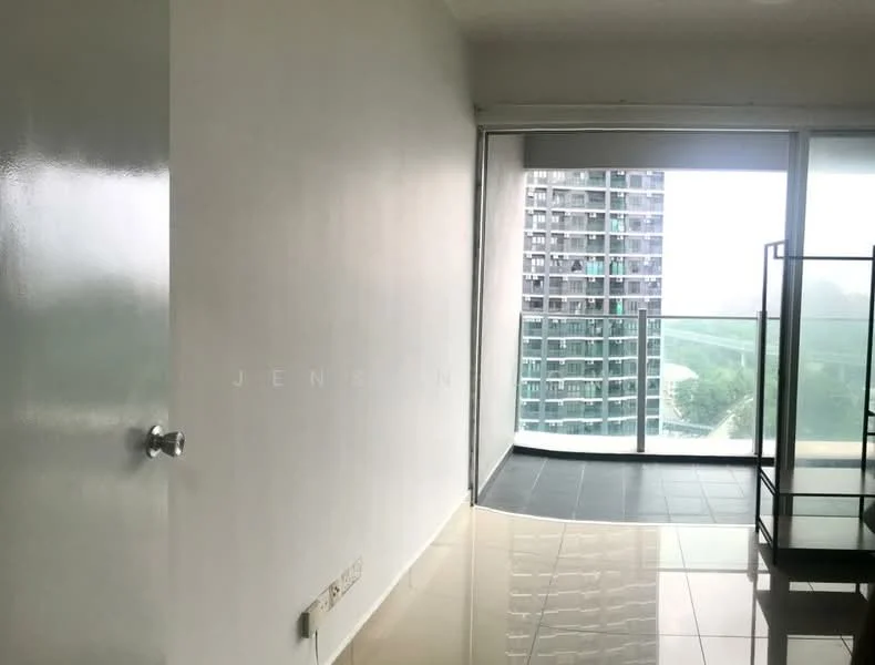 Room features: white painted walls, glossy tile flooring, floor-to-ceiling windows, sliding glass door, balcony view, open layout, natural light, minimalist decor; style: modern; view: city.