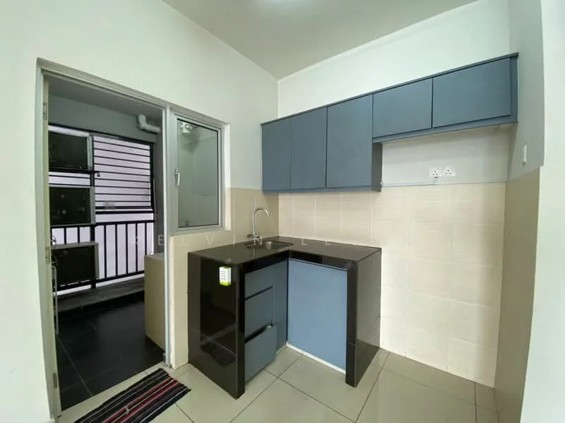 Kitchen features: blue cabinetry, black countertop, single-bowl stainless-steel sink, chrome pull-down faucet, tile backsplash, ceramic tile flooring, window with view to balcony, open layout, built-in cabinets; style: modern.
