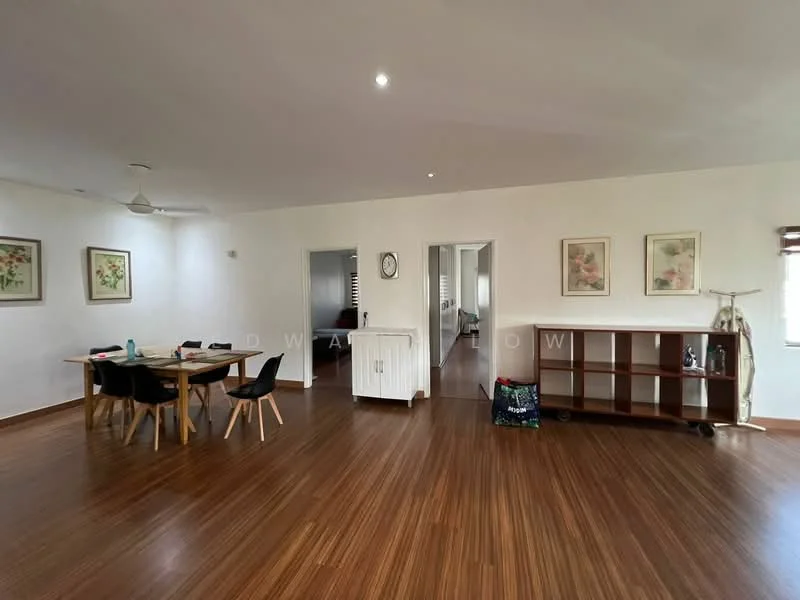 Living features: wooden flooring, white painted walls, ceiling fan, dining table with 6 black chairs, sideboard cabinet, framed artwork on walls, large windows with natural light, open layout; style: modern.