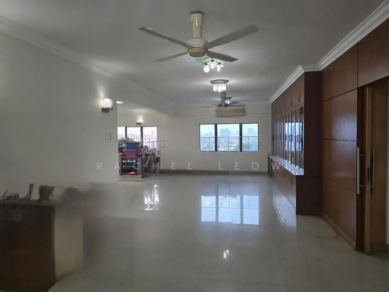 Living features: polished marble flooring, white painted walls, crown moulding, 5-blade ceiling fan with light, recessed downlights, large windows with city view, built-in wooden cabinetry, air conditioning unit; style: modern; view: city.
