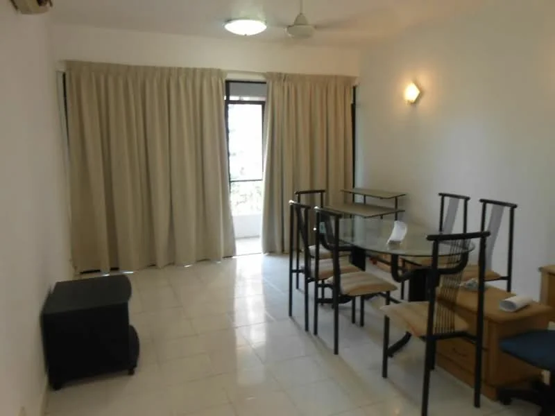 Living features: white painted walls, white tiled flooring, ceiling fan, large windows with sheer curtains, glass dining table, 4 dining chairs, wooden side table, black storage cabinet, wall-mounted light fixture; style: minimalist.