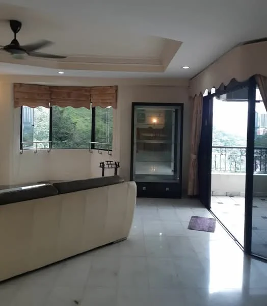 Living features: marble flooring, 5-blade ceiling fan, recessed downlights, large windows with views, curtains, sofa, coffee table, sliding glass door, balcony access; style: modern; view: garden.
