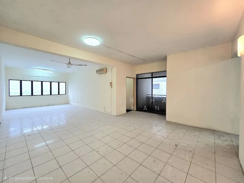 Room features: white painted walls, ceramic tile flooring, ceiling fan, floor-to-ceiling windows, sliding glass door, recessed ceiling light, air conditioning unit, open layout; style: minimalist; view: city.