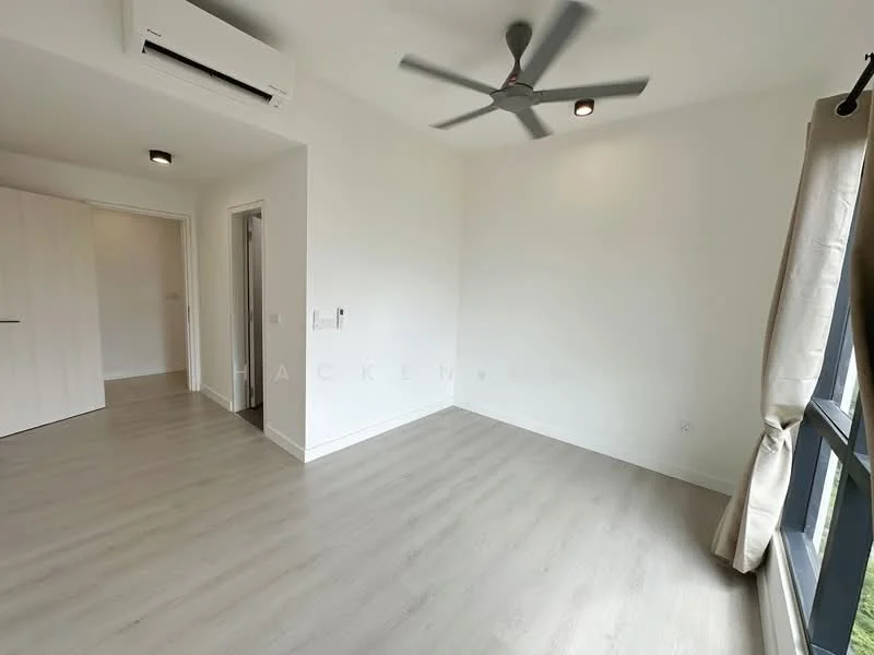 Room features: light grey laminate flooring, white painted walls, ceiling fan with light, wall-mounted split AC, large window with view, curtains, doorway leading to another room, doorway leading to hallway; style: modern.