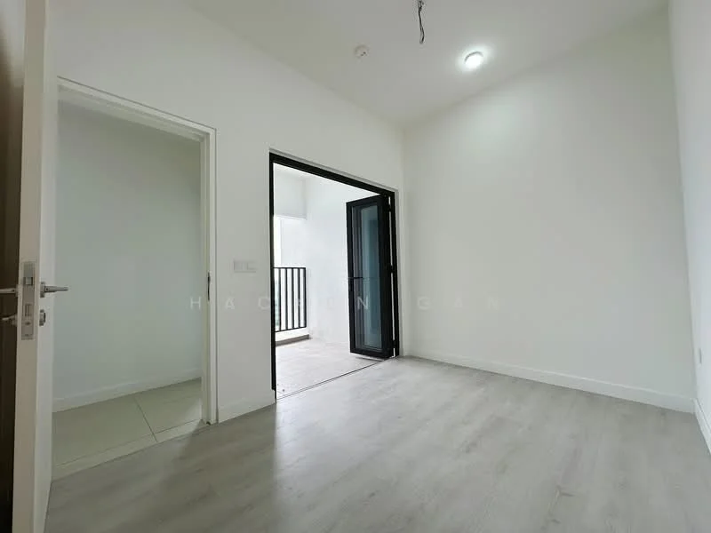 Room features: white painted walls, light wood laminate flooring, sliding glass door, floor-to-ceiling windows, recessed ceiling lights, doorway leading to another room, balcony access, neutral color scheme; style: modern.