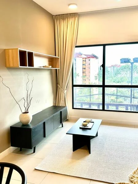 Living features: light grey painted walls, large floor-to-ceiling window, black console table, wooden shelving unit, black coffee table, area rug with neutral color, curtains in light beige, decorative vase with branches; style: modern; view: garden.