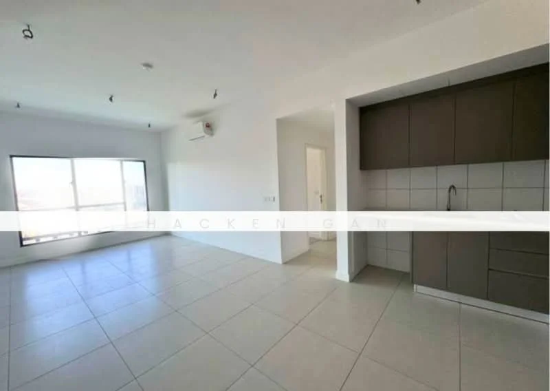 Living features: large floor-to-ceiling windows, white walls, tile flooring, recessed ceiling lights, wall-mounted split AC, open layout, neutral color scheme; style: modern. Kitchen features: dark wood cabinetry, white countertop, stainless-steel sink, single-bowl stainless-steel sink, chrome faucet, ceramic tile backsplash, built-in cabinetry; style: modern.