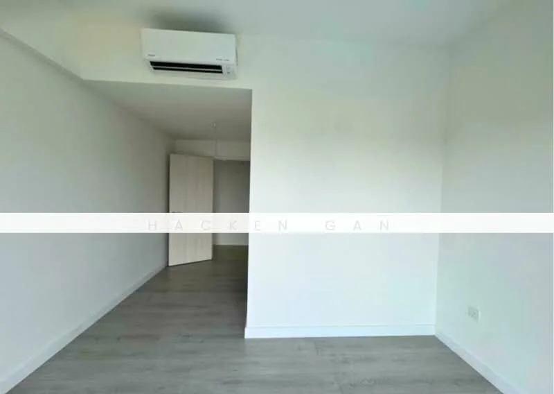Room features: white painted walls, light wood flooring, 1 wall-mounted split AC, ceiling light fixture, doorway leading to another room; style: modern.