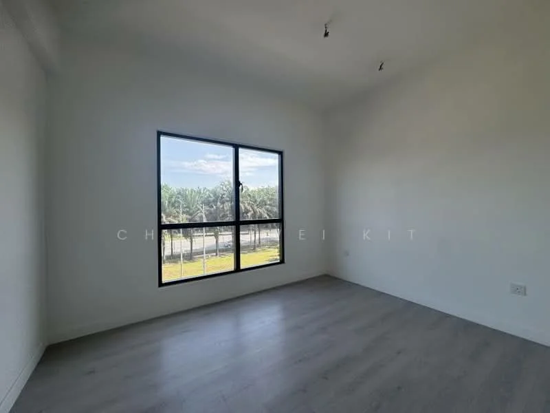 Room features: white painted walls, laminate flooring, large window, natural light, view of greenery, minimalist design, two ceiling lights, no visible furniture; style: minimalist; view: garden.