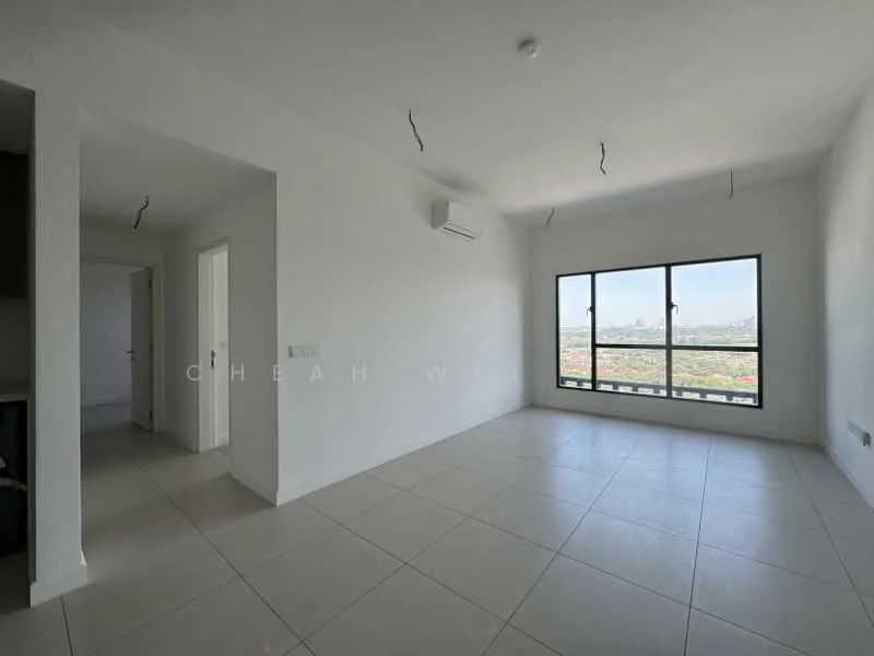 Living features: white painted walls, tile flooring, floor-to-ceiling windows, 1 wall-mounted split AC, no visible furniture, city view, recessed ceiling lights, neutral color scheme; style: modern; view: city. Room features: white painted walls, tile flooring, doorway leading to another room.