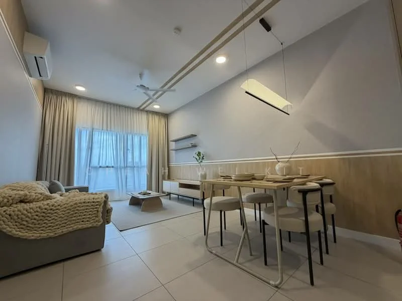 Living features: 3-seater fabric sofa in grey, coffee table, dining table for 6 with white top, black dining chairs, floor-to-ceiling windows, sheer curtains, ceiling fan, recessed LED downlights, wood panel accent wall, light wood flooring, decorative wall shelf; style: modern; view: city.