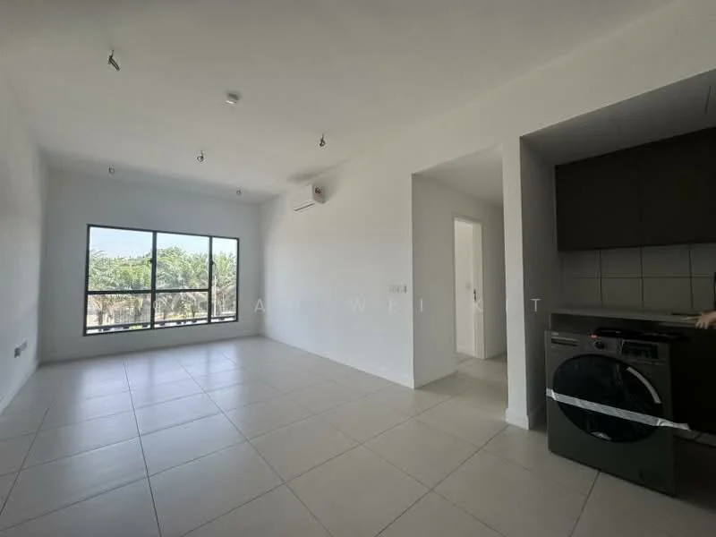 Living features: large floor-to-ceiling window, white painted walls, recessed downlights, tile flooring, wall-mounted split AC, open layout, neutral color scheme; style: modern; view: garden. Kitchen features: built-in cabinetry, stainless-steel washing machine, countertop, kitchen sink, oven, cooktop; style: modern.