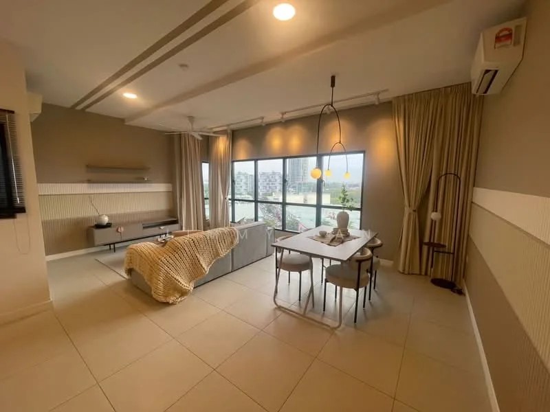 Living features: grey fabric sofa, cream throw blanket, white coffee table, 4-seater dining table, pendant lighting, floor-to-ceiling windows, sheer curtains, wall-mounted TV, air conditioning unit, light-colored tiled flooring, decorative vase, wall paneling, neutral painted walls; style: modern; view: city.