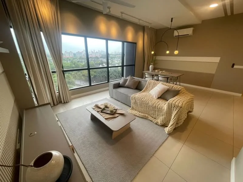 Living features: floor-to-ceiling windows, grey fabric sofa, textured throw blanket, coffee table, area rug, pendant lighting, wall-mounted air conditioning unit, light-colored walls, curtains, dining table with chairs, decorative vase; style: modern; view: city.