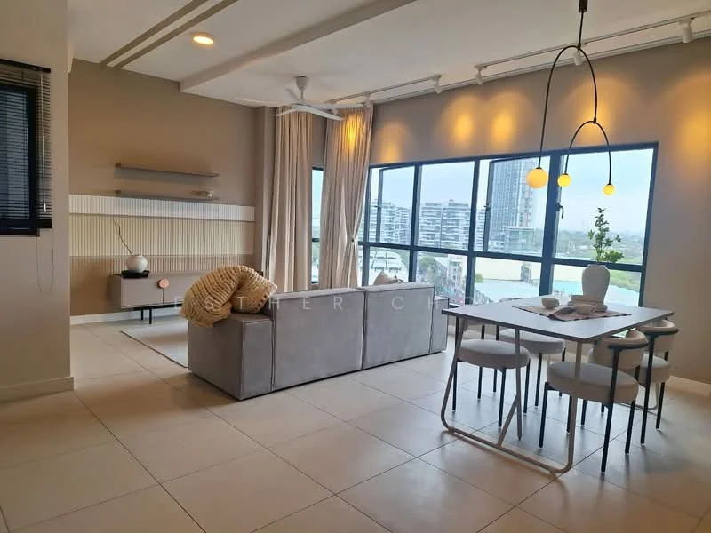 Living features: 3-seater fabric sofa in light grey, coffee table, dining table for 4 with metal legs, 4 upholstered dining chairs, floor-to-ceiling windows, sheer curtains, light fixtures with pendant lights, decorative wall shelf, neutral painted walls, tile flooring, ceiling fan, decorative plant on table; style: modern; view: city.