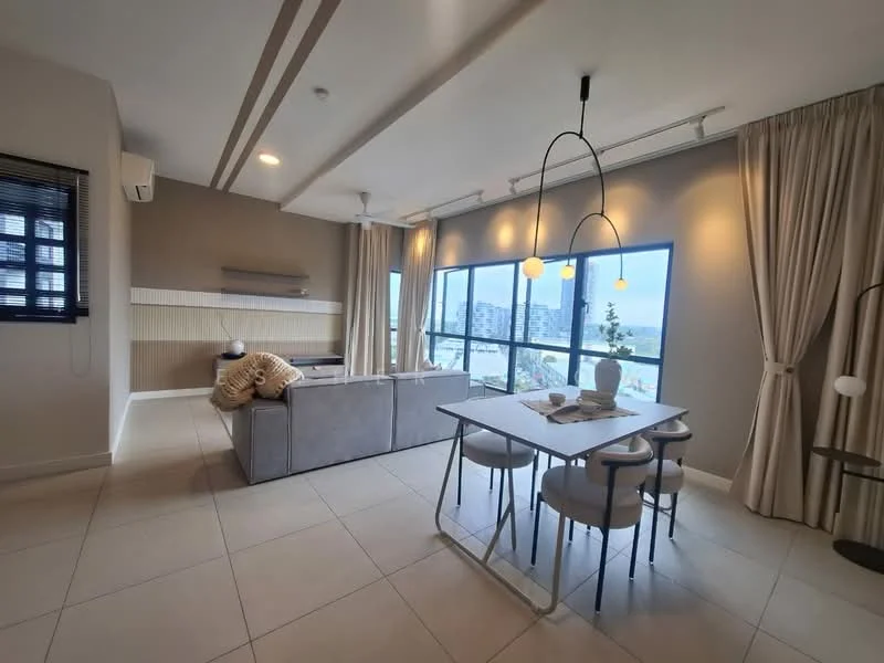 Living features: 3-seater fabric sofa in light grey, coffee table, floor-to-ceiling windows, sheer curtains, recessed downlights, ceiling fan, decorative wall paneling, light-colored tiled flooring, area rug, dining table with 4 chairs; style: modern; view: city.